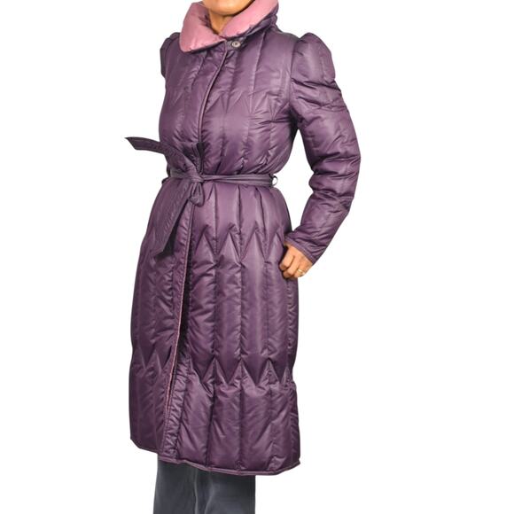 Vintage Quilted Puffer Coat Purple Duck Goose Down Long Midi Puff Sleeves Small - Picture 15 of 16